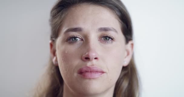 Depressed Crying Sad Face Woman Looking Alone Disappointed Closeup Emotional — Stockvideo