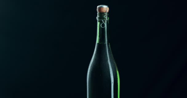 Пляшка Шампанського Алкоголь Бузку Ізольовані Фоні Чорного Копіювання Простору Студії — стокове відео