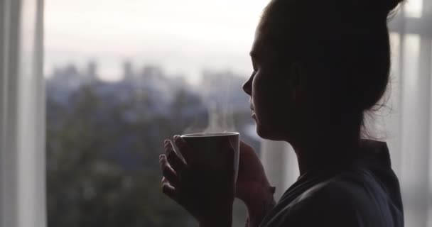Young Woman Drinking Coffee Tea While Looking Out Window Home — 비디오
