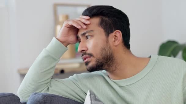 Unhappy Man Sitting Worried Financial Stress Feeling Sad Home Young — Video