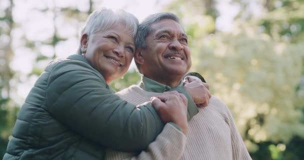 Carefree Happy Loving Senior Couple Standing Together While Thinking Dreaming — Vídeo de stock