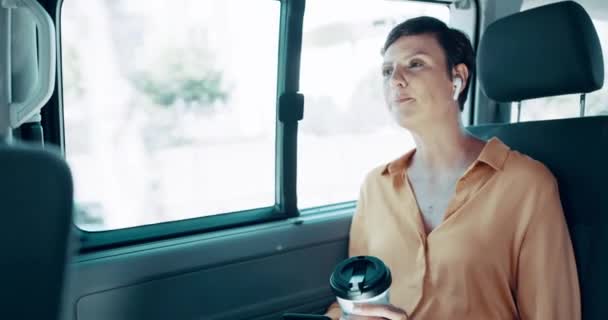 Businesswoman Traveling While Having Coffee Using Wireless Earbuds Professional Female — Stock video