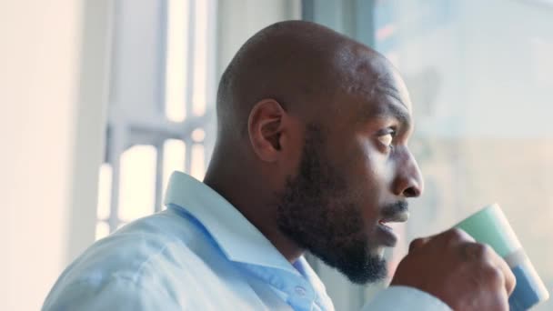 Relaxed Serious Young Business Man Drinking Coffee Taking Break Looking — Stock videók