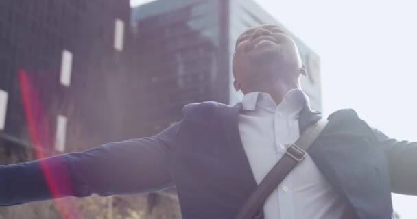 Happy Carefree Freedom Feeling City Business Man Enjoying Morning Sun — Video