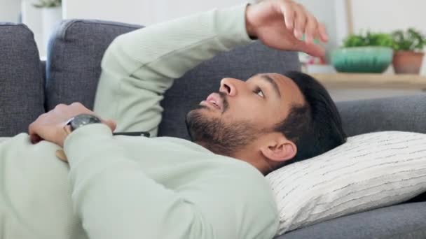 Upset Frustrated Sad Young Male Lying Thinking Contemplating Living Room — Video