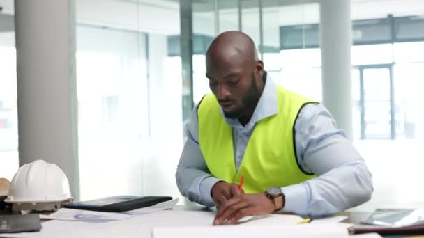 Architect Building Planner Construction Worker Writing Drawing Plans Blueprints Architecture — Vídeos de Stock