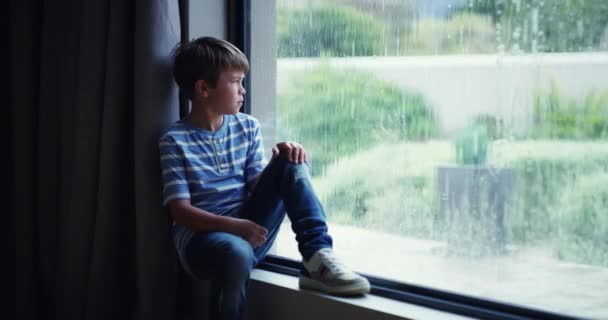 Sad Depressed Frustrated Child Mental Health Problems Watching Rain Window — Stock Video