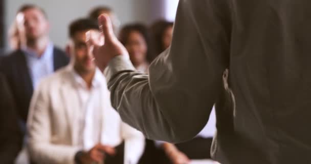 Businessman Giving Presentation Coworkers Corporate Conference Closeup Executive Using Hand — Vídeos de Stock