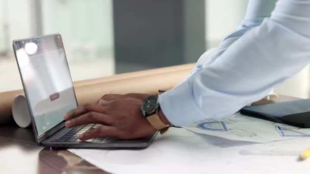 Architect Hands Typing Laptop Planning Drawing Blueprints Building Construction Project — Vídeo de stock