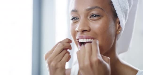 Happy Young Healthy Female Flossing Teeth Dental Floss Bathroom Looking — Video