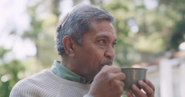 Carefree Senior Man Drinking Coffee Nature Relaxing Tea Garden Looking — Stockvideo