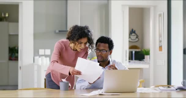 Man Woman Stressed Worried Fighting Money Home Young Couple Kitchen — Stockvideo