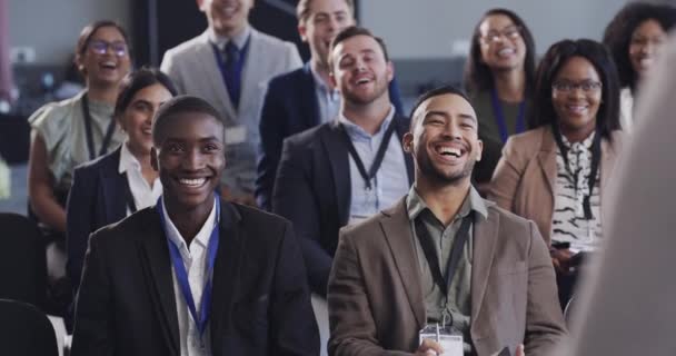Audience Laughing Enjoying Smiling Funny Joke Together Work Conference Meeting — Video Stock