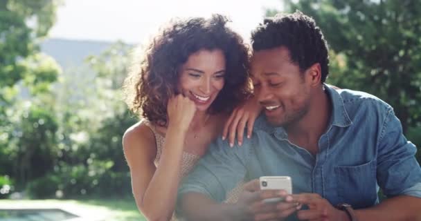 Couple Browsing Phone While Choosing Buying Internet Social Media While — Vídeos de Stock