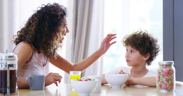 Foster Mother Her Adopted Son Eating Breakfast Bonding Enjoying Time — Vídeos de Stock