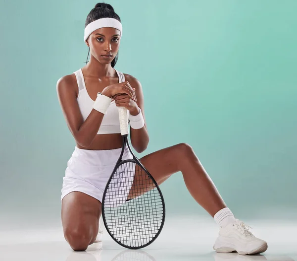 Tennis Sports Training Woman Player Posing Racket Studio Green Background — Fotografia de Stock