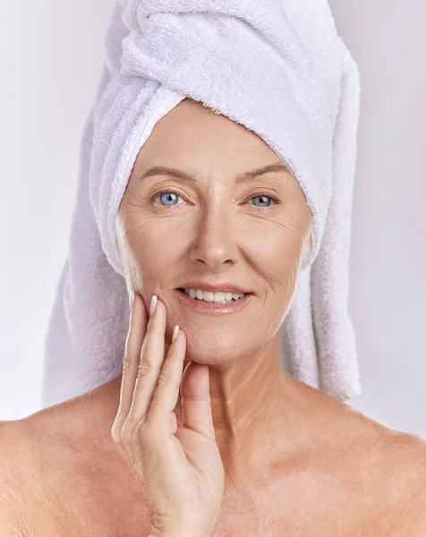 Skincare Health Beauty Senior Woman Towel Head Smile Her Face — Stockfoto