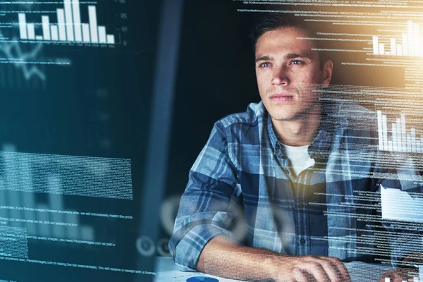 Keeping Track Everything Handsome Young Male Programmer Work — ストック写真