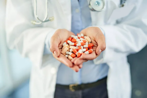 Pills Prevention Cure Closeup Shot Unidentifiable Doctor Holding Variety Pills — Fotografia de Stock