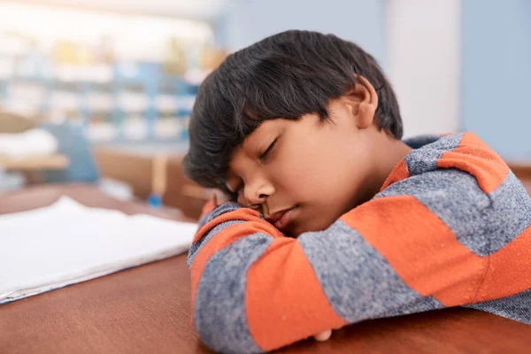 Just Quick Nap Tired Elementary School Child Sleeping His Desk — Photo