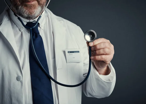 Heart Speaks Itself Studio Shot Unrecognizable Male Doctor Holding Stethoscope — Stockfoto