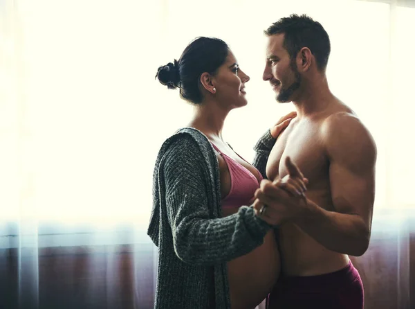 Going Stages Pregnancy Together Handsome Young Man Loving His Pregnant — Stock Fotó