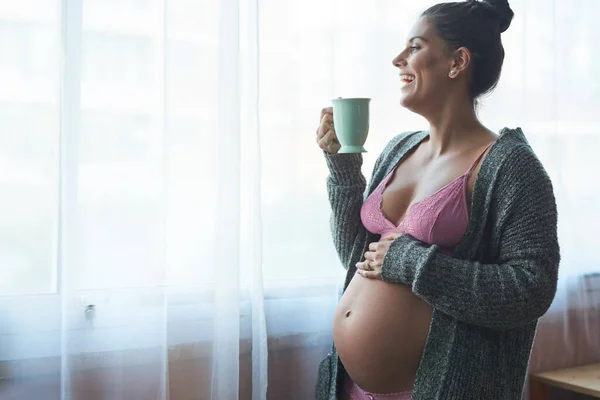 Maternity Leave Great Attractive Young Pregnant Woman Standing Her Bedroom — Fotografia de Stock