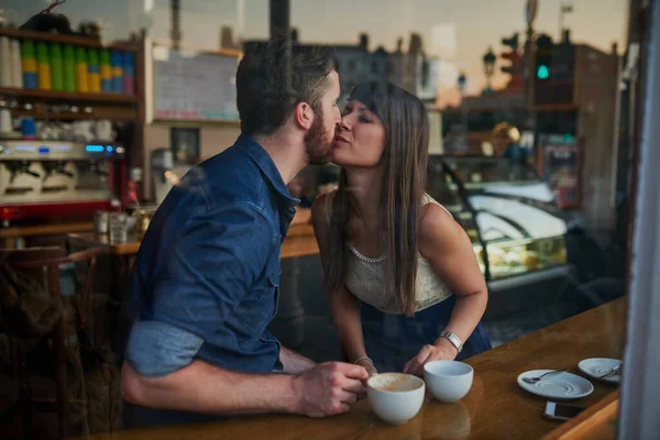 Its First Date Affectionate Young Couple Kissing While Sitting Coffee — 图库照片