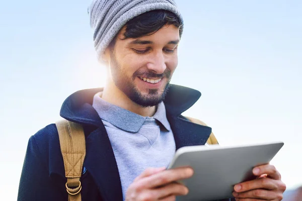 Wherever You Stay Connected Young Man Using Digital Tablet While — Stockfoto