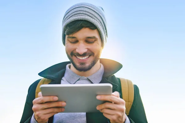 Connect Places Young Man Using Digital Tablet Outdoors — Stockfoto