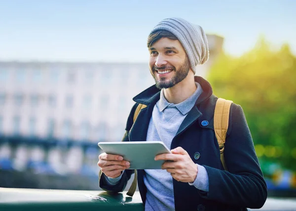 Spending Day Downtown Young Man Using Digital Tablet While Out — Stockfoto
