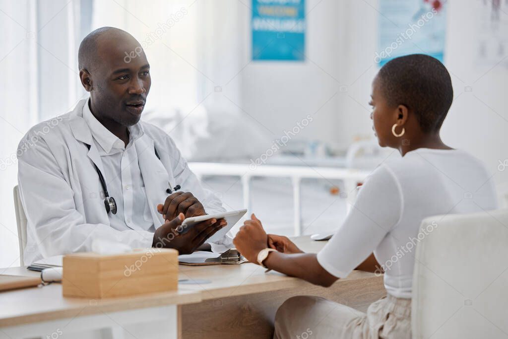 Doctor consulting, talking and health check service of a woman at a hospital or clinic. Working medical and healthcare professional with a tablet and digital insurance data sit with a cancer patient.
