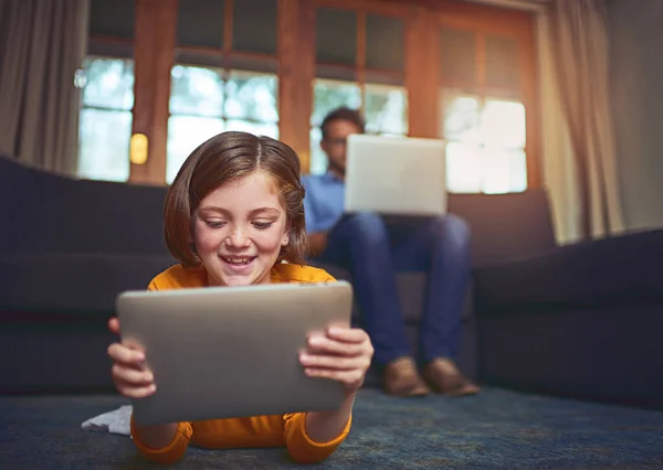 Learning Love Technology Little Girl Using Digital Tablet Floor Home — Stock fotografie