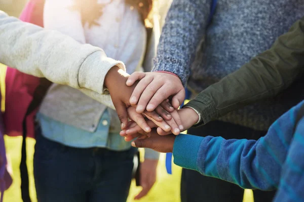 Were Together Group Unrecognizable Elementary School Kids Joining Hands Together — Foto Stock