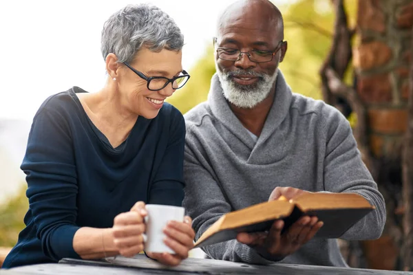 Ones Favourite Affectionate Senior Couple Reading Bible While Sitting — Foto de Stock