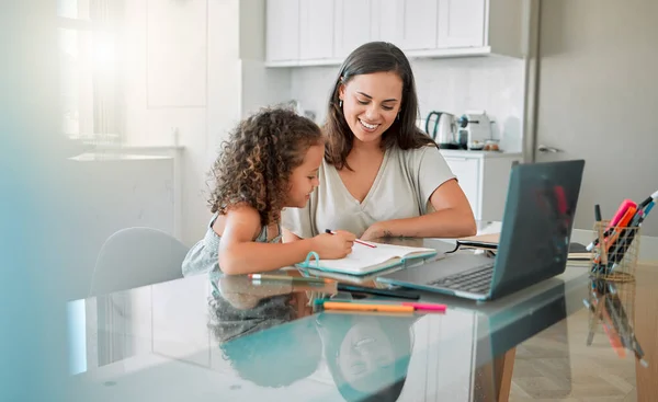 Mother Helping Her Girl Writing Her Homework Happy Family House —  Fotos de Stock
