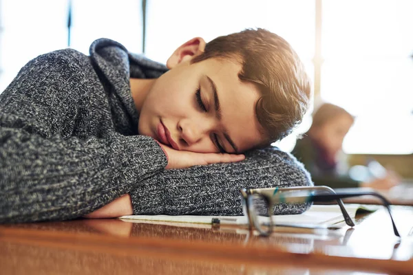 Hes Had Long Day School Elementary Schoolboy Taking Nap Class — Stock fotografie
