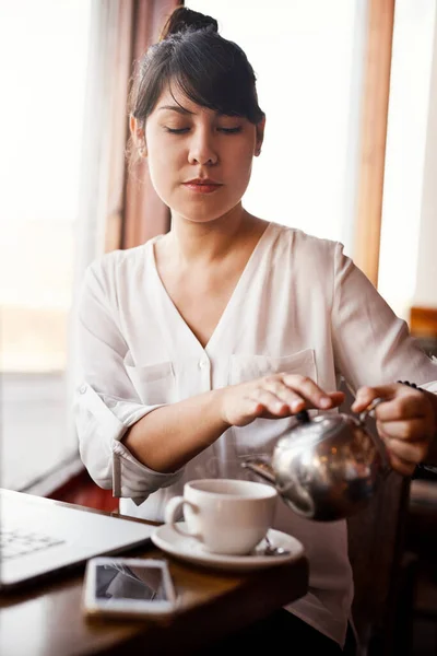 Daily Ritual Beautiful Young Woman Drinking Coffee Cafe While Getting — Stok fotoğraf