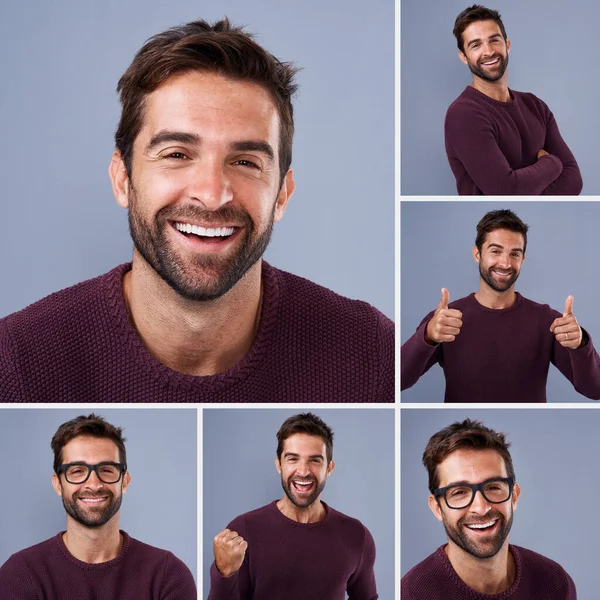 Make everyday a optimistic one. Composite shot of a young man expressing different types of facial expressions inside of a studio