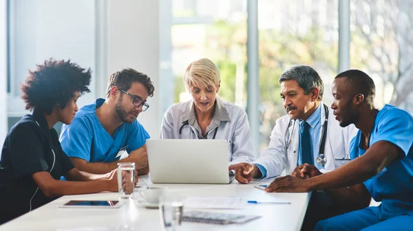 Sharing Information Could Life Team Doctors Using Laptop Together Meeting — Stock Photo, Image
