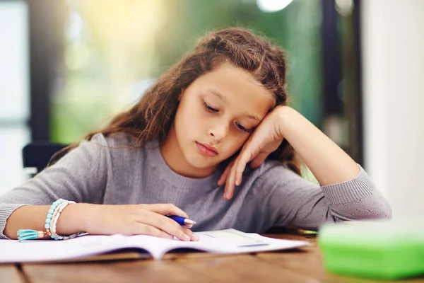 Trying Study Shed Rather Play Young Girl Doing Homework — Photo