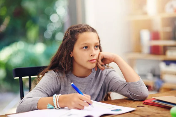 Thinking Answer Young Girl Doing Homework — Stok fotoğraf