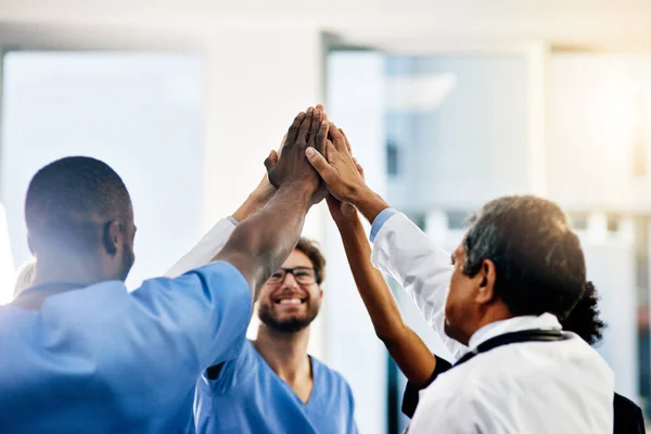 Celebrate Every Medical Success Diverse Team Doctors Giving Each Other — 图库照片