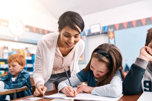 Keep Trying Cheerful Young Female Teacher Helping Student Class School — Photo