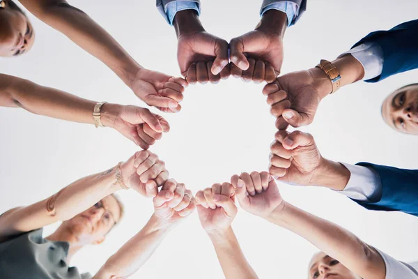 Group Business People Team Building Hands Fists Circle Unity Support — Foto de Stock