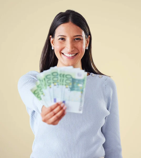 Winning Money Financial Success Happy Woman Saving Cash Banking Budget — Fotografia de Stock