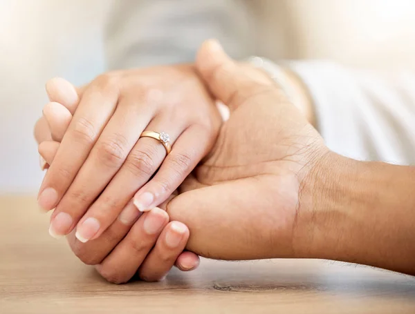 Couple Engagement Hands Holding Presenting Diamond Ring Date Announcement Love — Stok fotoğraf