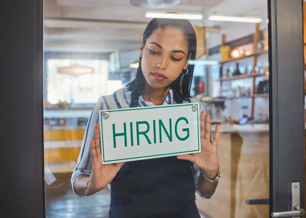 Hiring Recruitment Advertising Sign Glass Door Small Business Startup Coffee — Fotografia de Stock