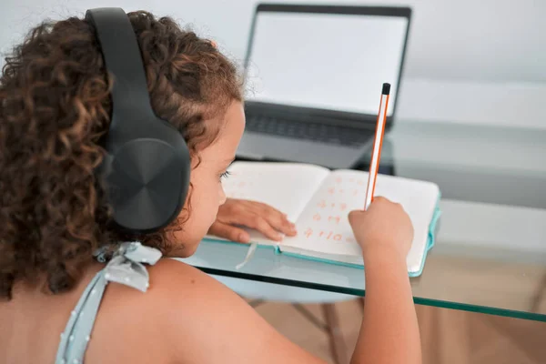 Home School Education Girl Writing Learning Working Study Online Laptop — Foto de Stock