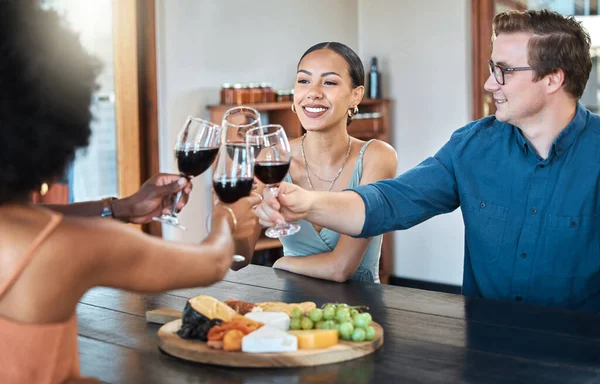 Friends Fun Celebration Diverse Group Toasting Red Wine Good News — Foto de Stock
